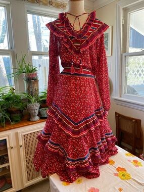Festive Diane Freis Red & Blue Long-Sleeve Ruffled Midi Dress Size 10 w Tassles